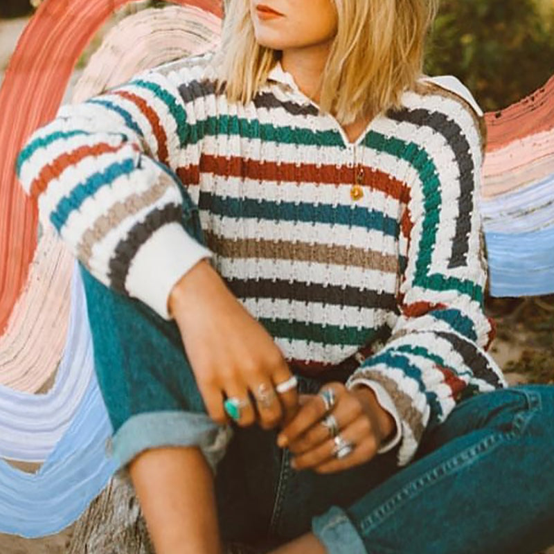 Casual V Neck Striped Long Sleeve Sweater