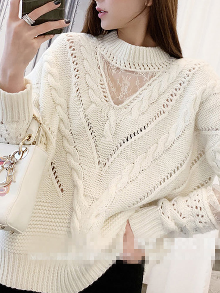 Women's Commuting Shoulder Sleeve Pure Color Splicing Hollow Out Sweater