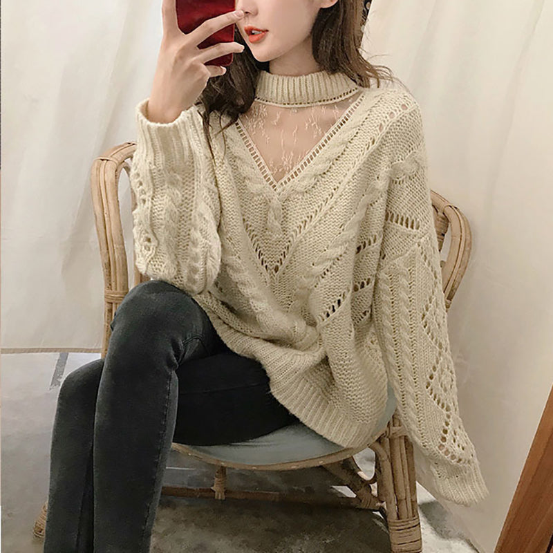Women's Commuting Shoulder Sleeve Pure Color Splicing Hollow Out Sweater