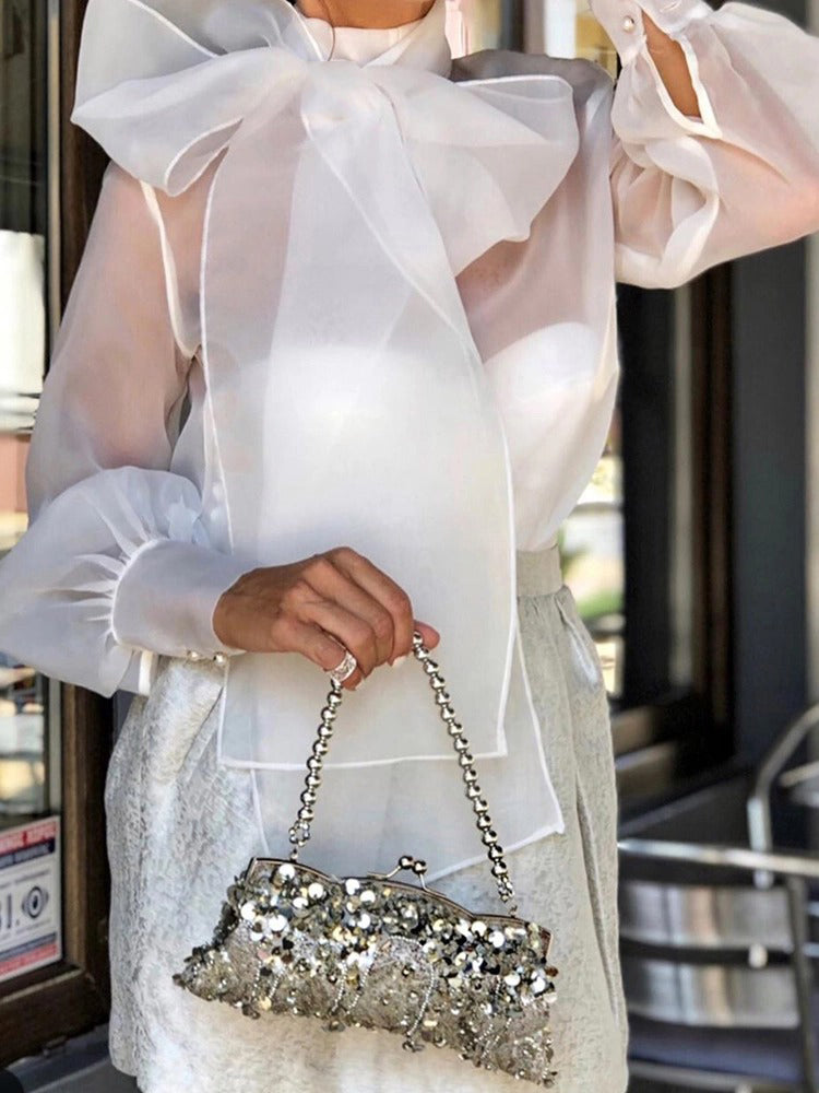 Women's  Elegant White See-Through Long Sleeve Blouse