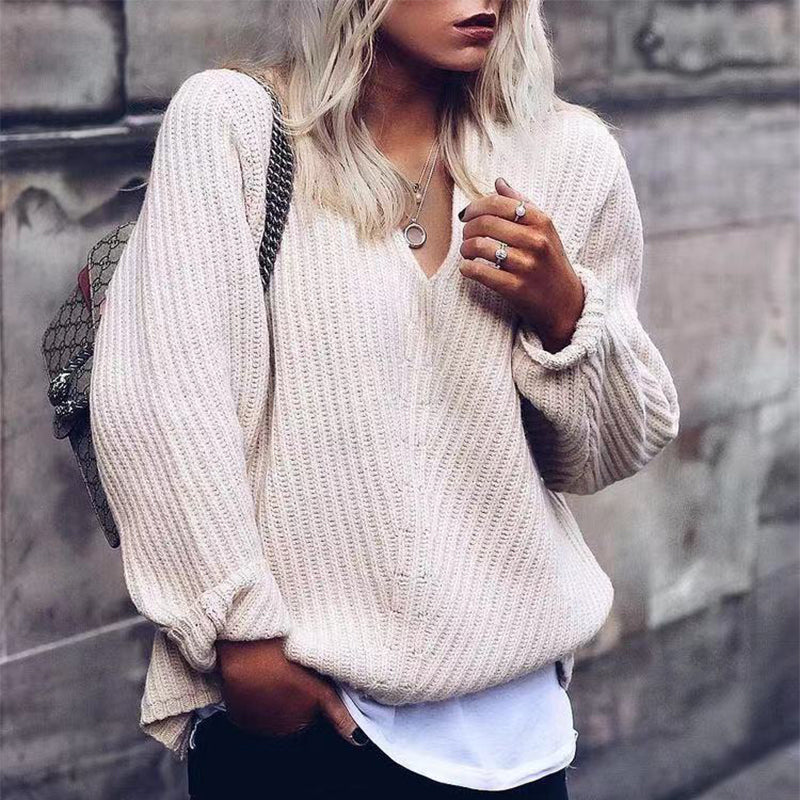 Casual V Neck Worsted Long Sleeve Sweater