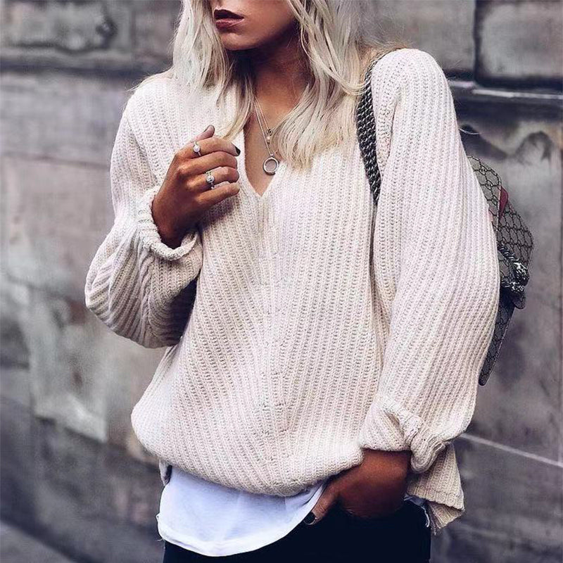 Casual V Neck Worsted Long Sleeve Sweater