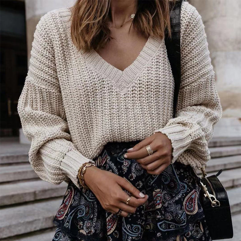 Casual V Neck Long Sleeve Worsted Sweater