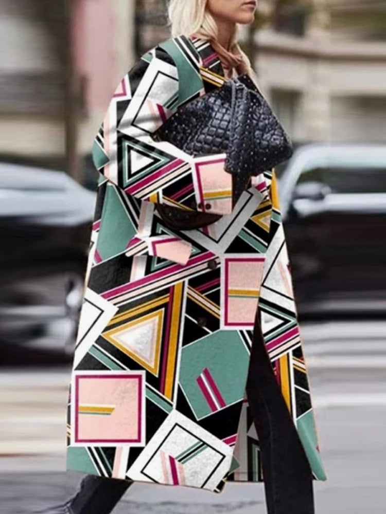 Fashion Trend Multi-Graphic Print With Cover Pocket Coat