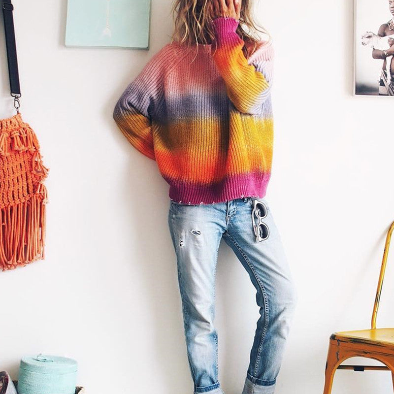 Casual Long Sleeve Round Neck Gradient Sweater