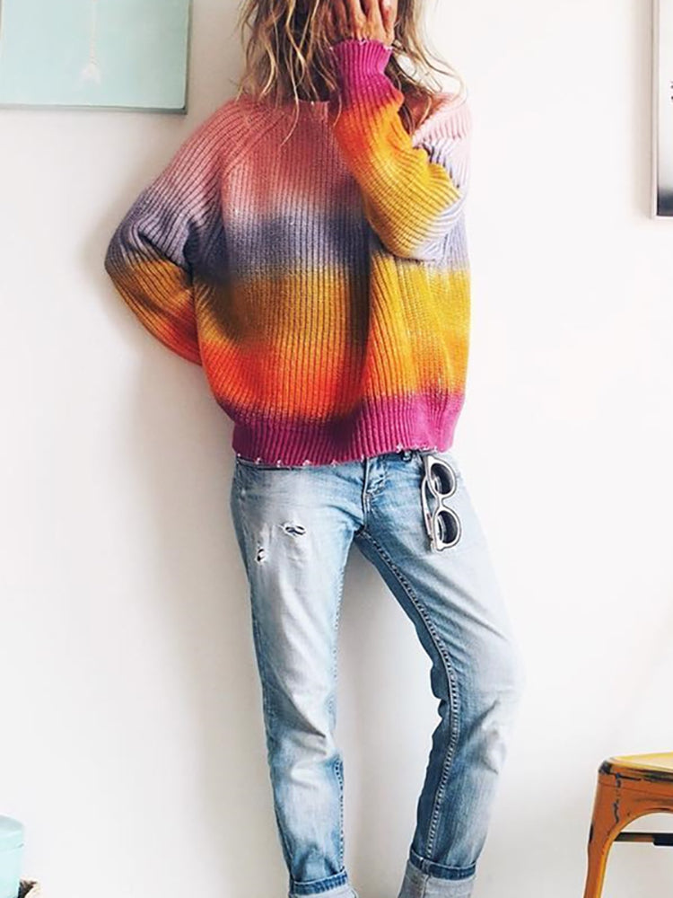 Casual Long Sleeve Round Neck Gradient Sweater