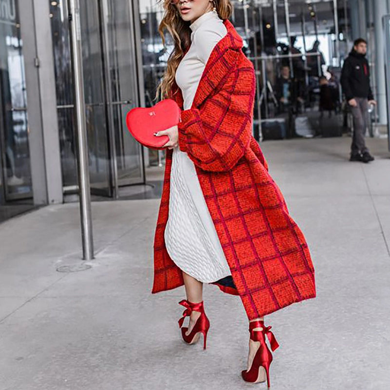 Fashion Warm Red Plaid Ankle-Length Shawl Collar Coat