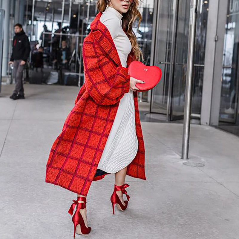 Fashion Warm Red Plaid Ankle-Length Shawl Collar Coat