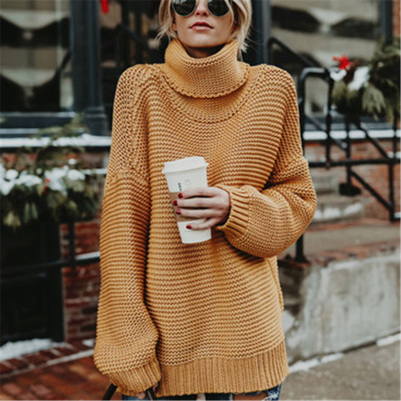 Casual Pure Color Long Sleeve High Neck Sweater
