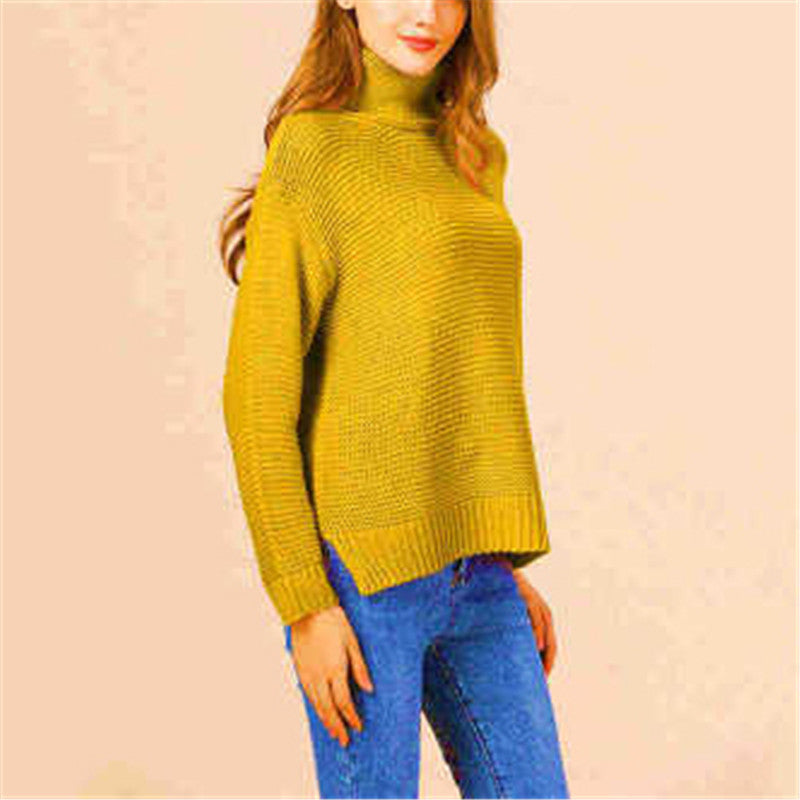 Casual Pure Color Long Sleeve High Neck Sweater