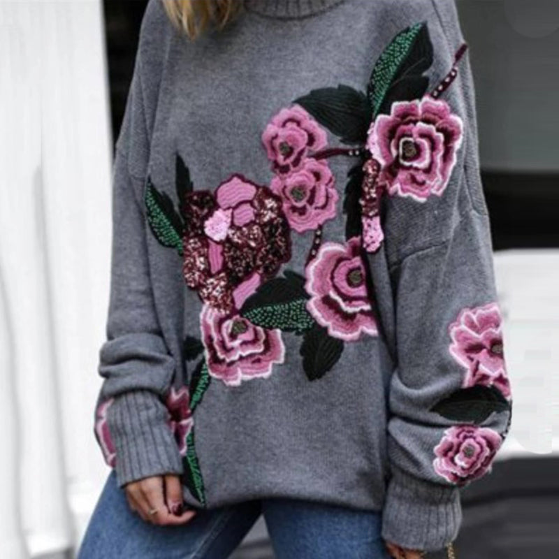 Casual Floral Embroidery Round Neck Long Sleeves Sweater