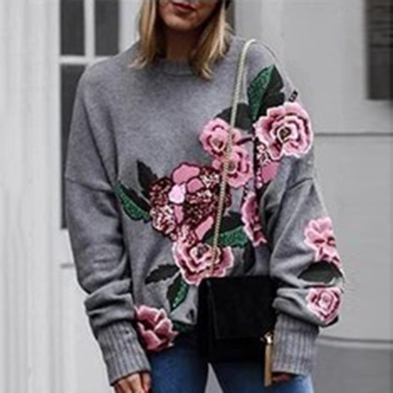 Casual Floral Embroidery Round Neck Long Sleeves Sweater