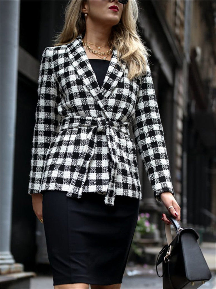 Ladies Lapel Check Print Blazer