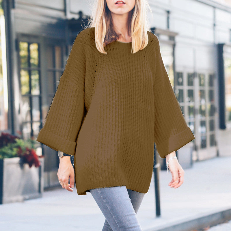 Brief Pure Color Round Neck Sweater