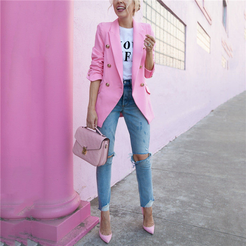 Casual Double Breasted Pure Color Blazer