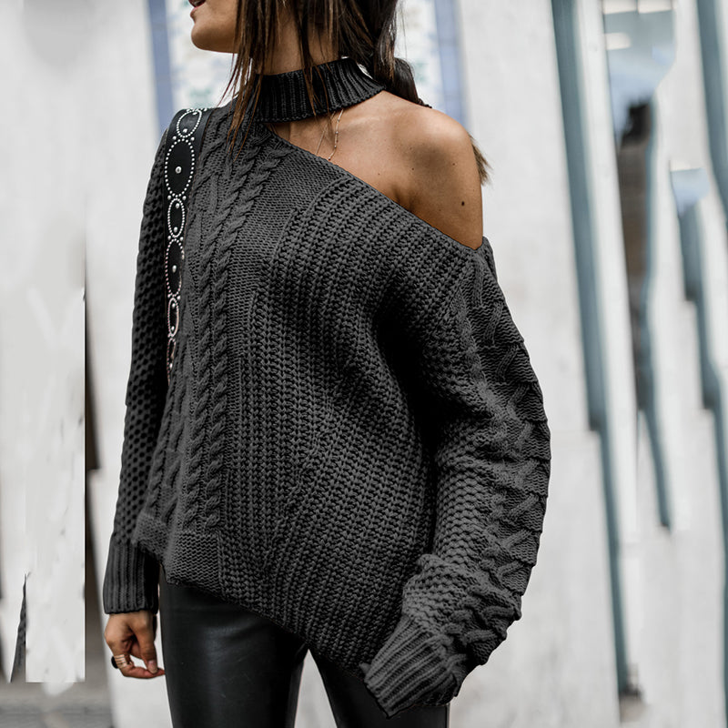 Sexy Sloping Shoulder Pure Colour Sweater