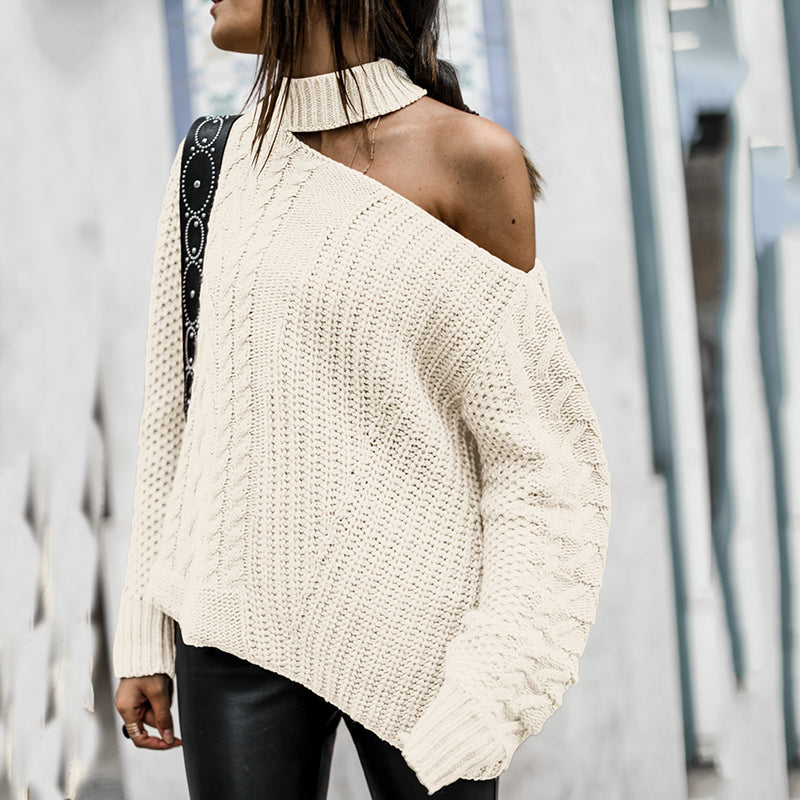 Sexy Sloping Shoulder Pure Colour Sweater