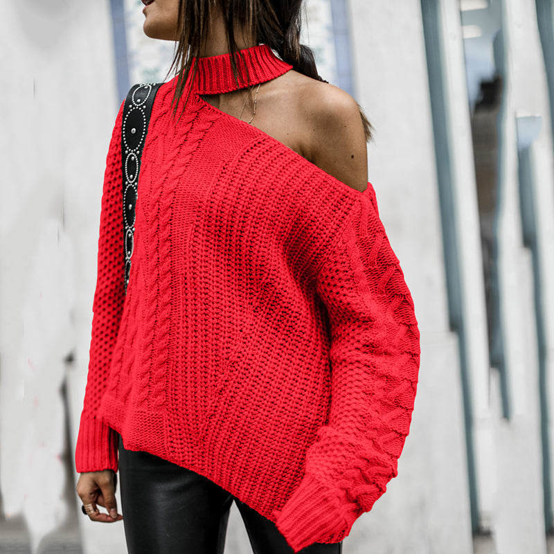 Sexy Sloping Shoulder Pure Colour Sweater