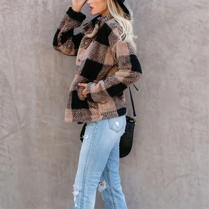 Casual Plaid Long Sleeve Fold-Over Collar Coat