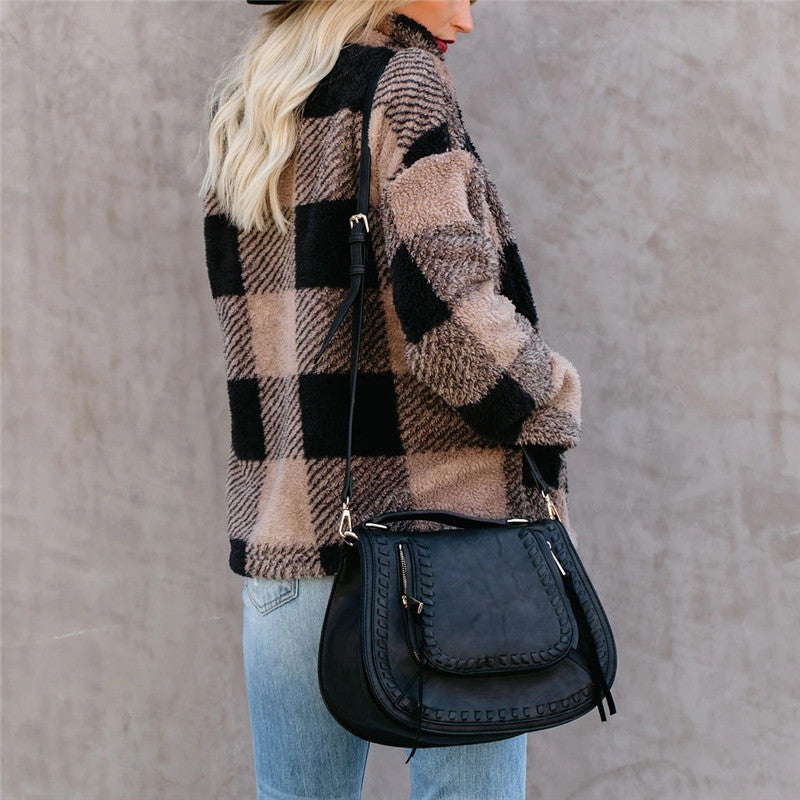 Casual Plaid Long Sleeve Fold-Over Collar Coat