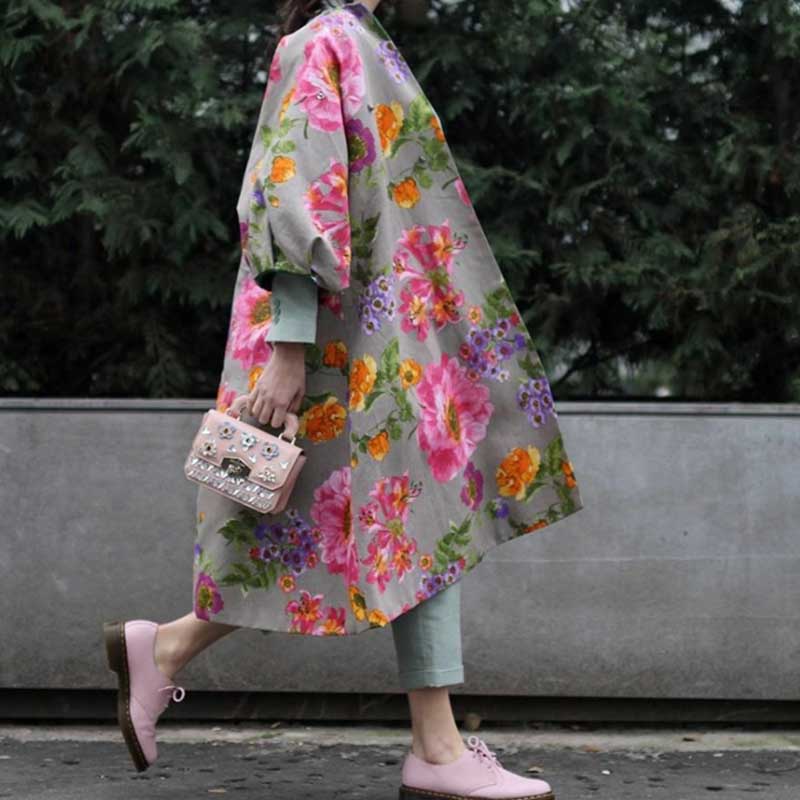 Fashion Casual Long Puff Sleeves Floral Print Long Coat