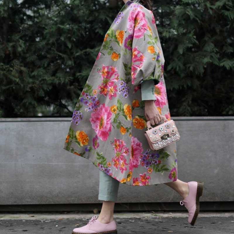 Fashion Casual Long Puff Sleeves Floral Print Long Coat