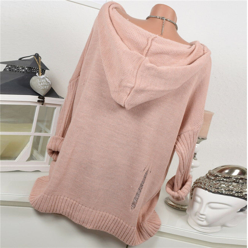 Casual Solid Color Openwork Hooded Sweater