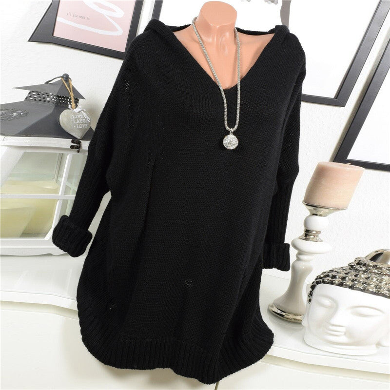 Casual Solid Color Openwork Hooded Sweater