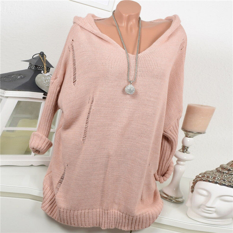 Casual Solid Color Openwork Hooded Sweater