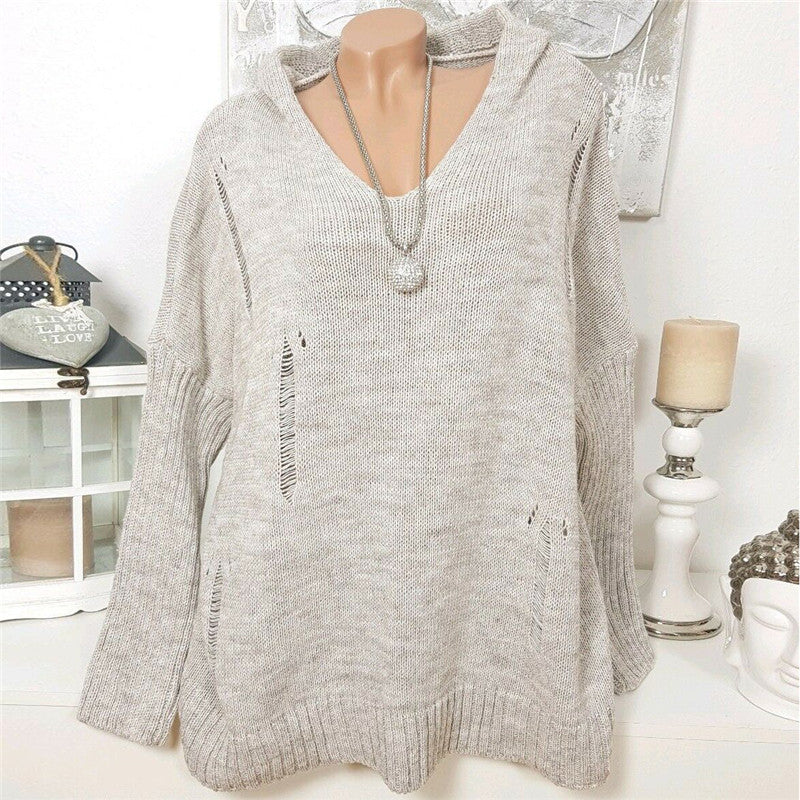 Casual Solid Color Openwork Hooded Sweater