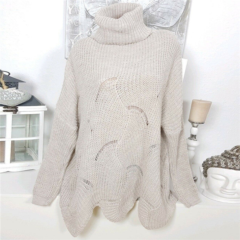 Casual Solid Color Hollow High Collar Sweater