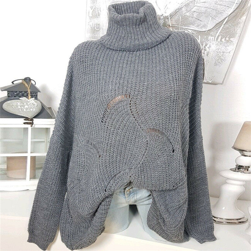 Casual Solid Color Hollow High Collar Sweater