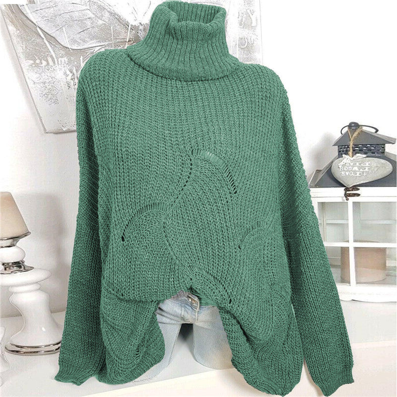 Casual Solid Color Hollow High Collar Sweater
