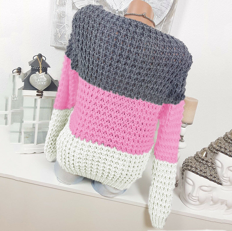 Casual Round Neck Contrast Color Sweater