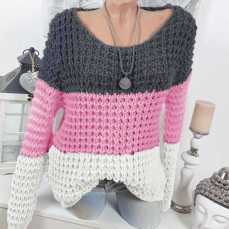 Casual Round Neck Contrast Color Sweater