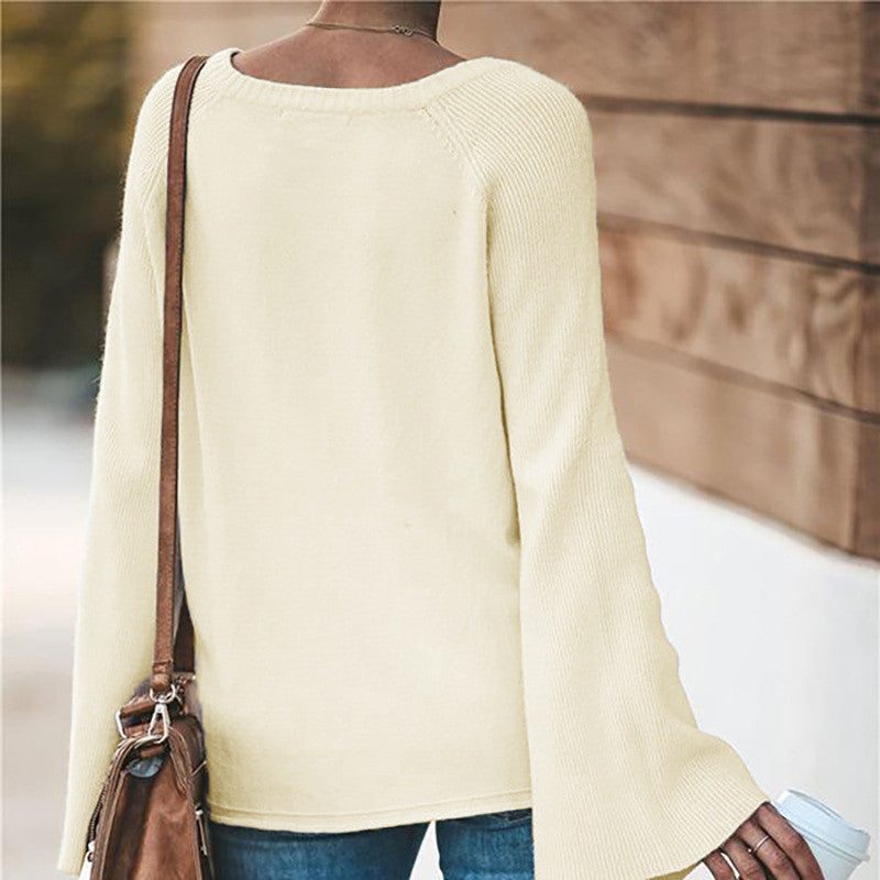 Casual Pure Color Bell Sleeve Sweater