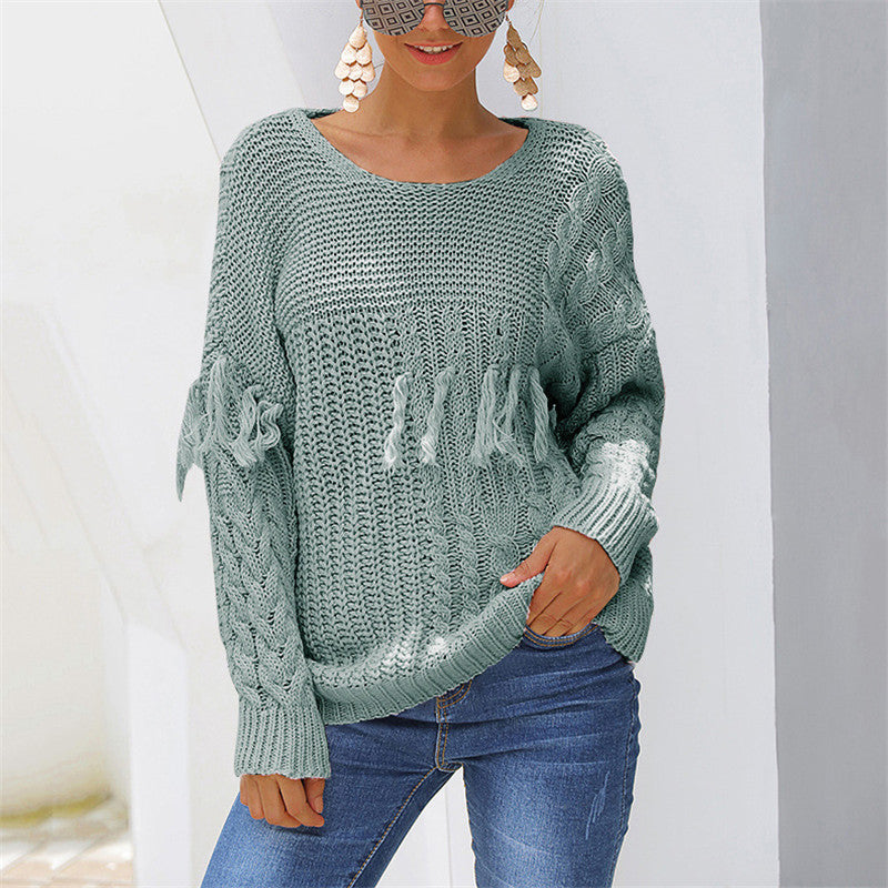 Casual Pure Color Long Sleeve Tassel Sweater