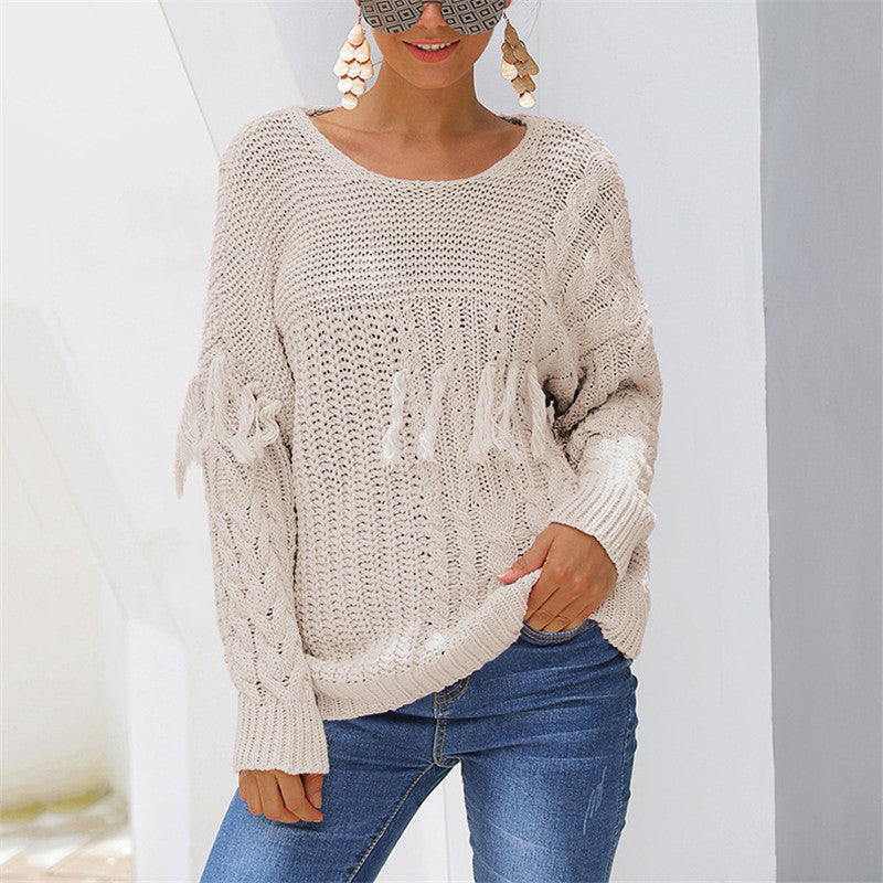 Casual Pure Color Long Sleeve Tassel Sweater