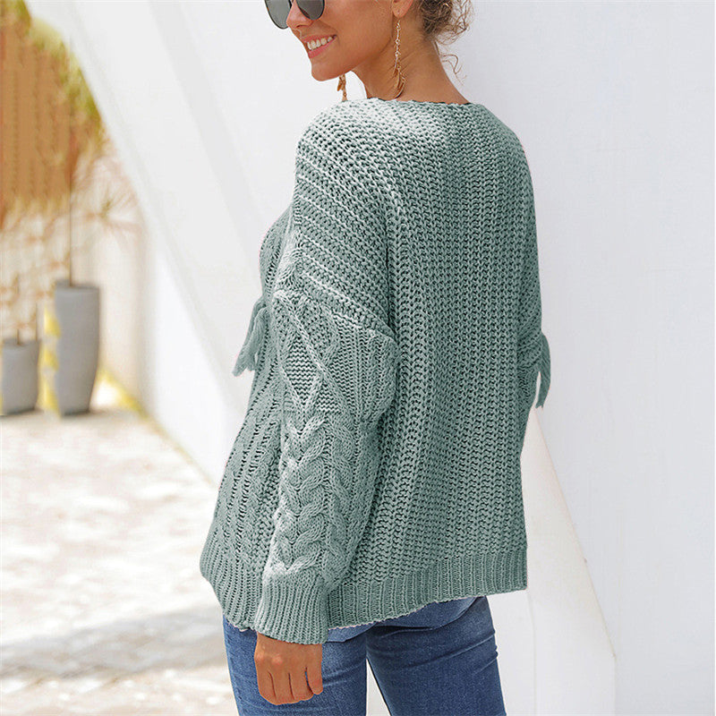 Casual Pure Color Long Sleeve Tassel Sweater