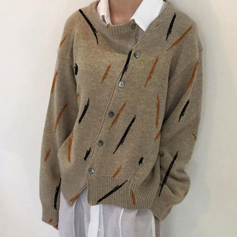 Casual Round Neck Diagonal Buckle Printed Long Sleeve Sweater