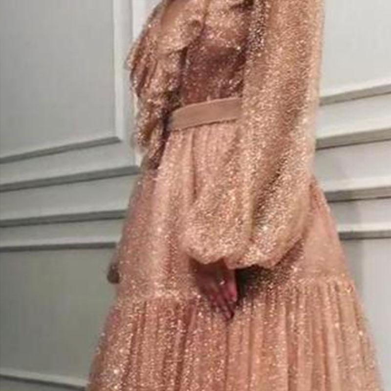 V Neck Sequins long sleeves Evening Dress