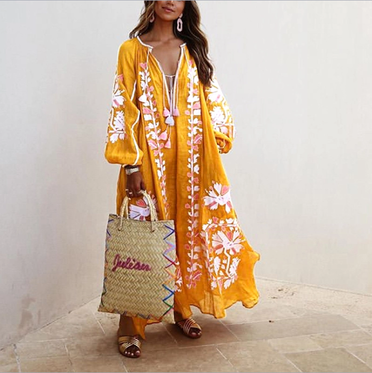 Bohemian Inwrought Colour Loose V Neck long sleeves Maxi Dresses