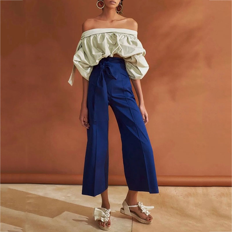 Casual Boat Neck Off-Shoulder Long Sleeve Pure Colour Top Trousers Suit