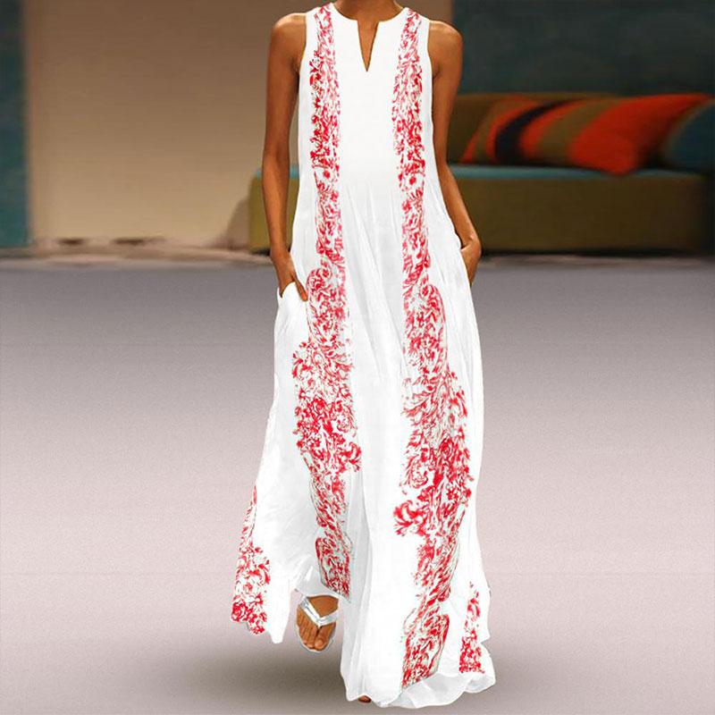 Chinese Style sleeveless Printed Maxi Shift Dress