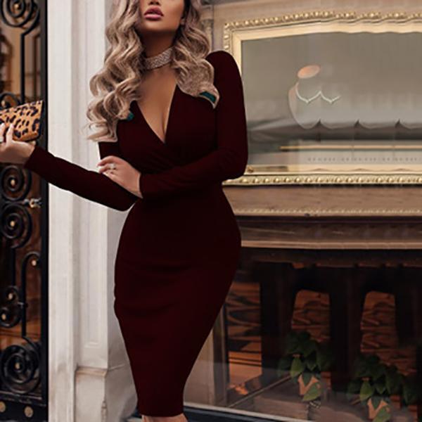 Sexy Deep V Long Sleeve Bodycon Dress