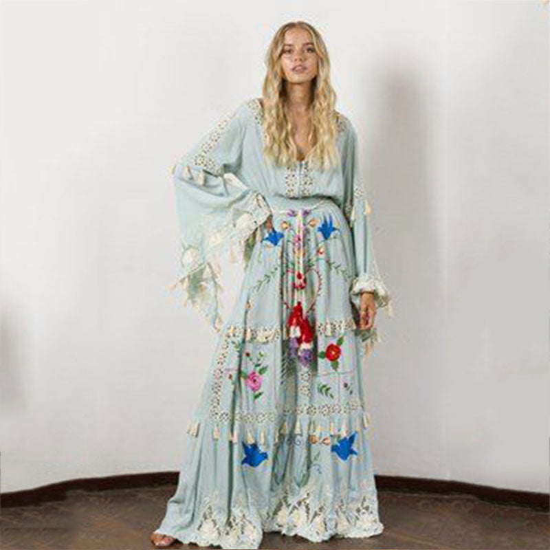 Women's Bohemian Printed Tassel V-Neck Dress