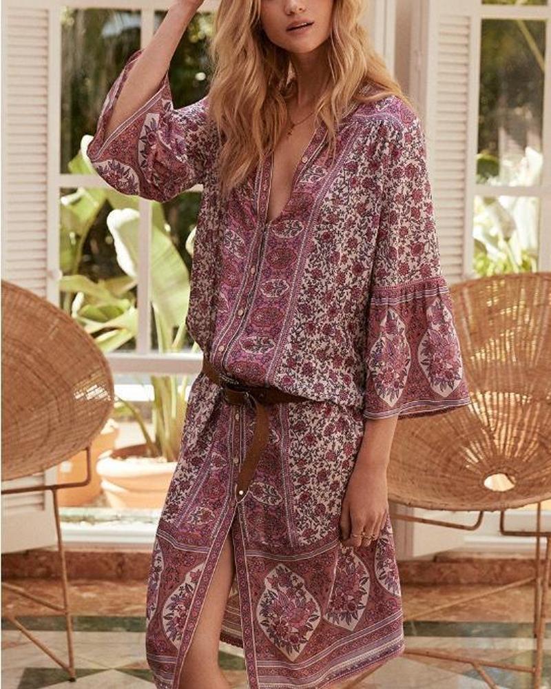 Casual Sexy V Neck long sleeves  National Style Printing Casual Dresses