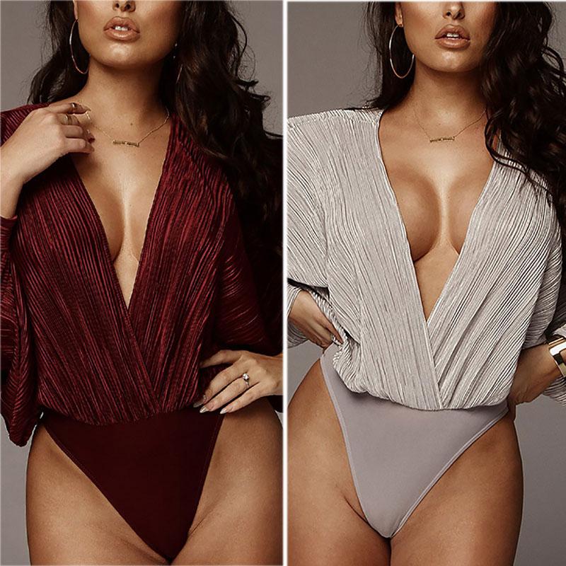 Sexy V Neck Loose Pleated Long Sleeve Jumpsuits