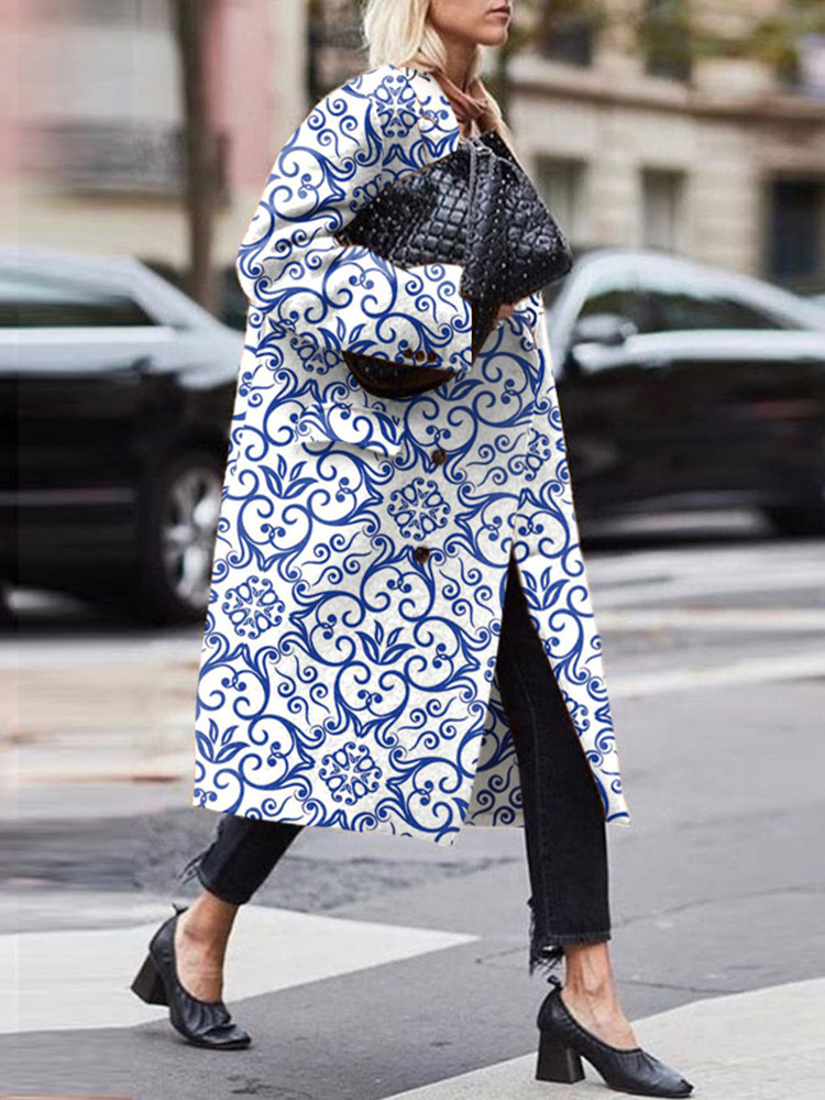 Fashion Buttons Printed Colour Turndown Collar Overcoat