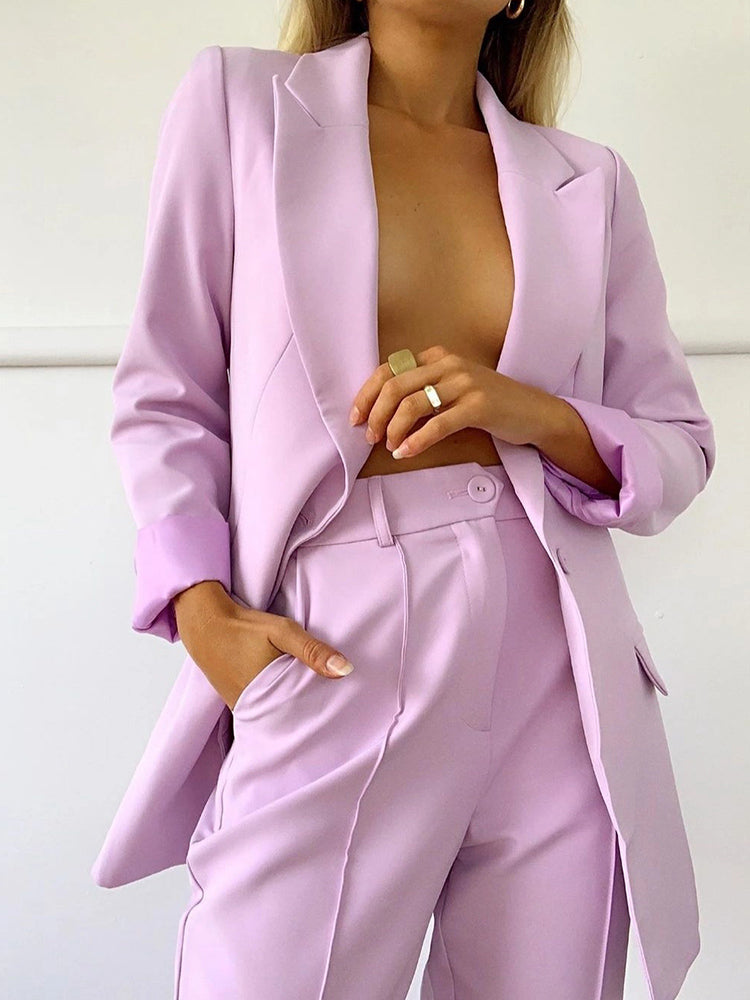 Contracted Ladies Pure Color Long Sleeve Blazer Suit
